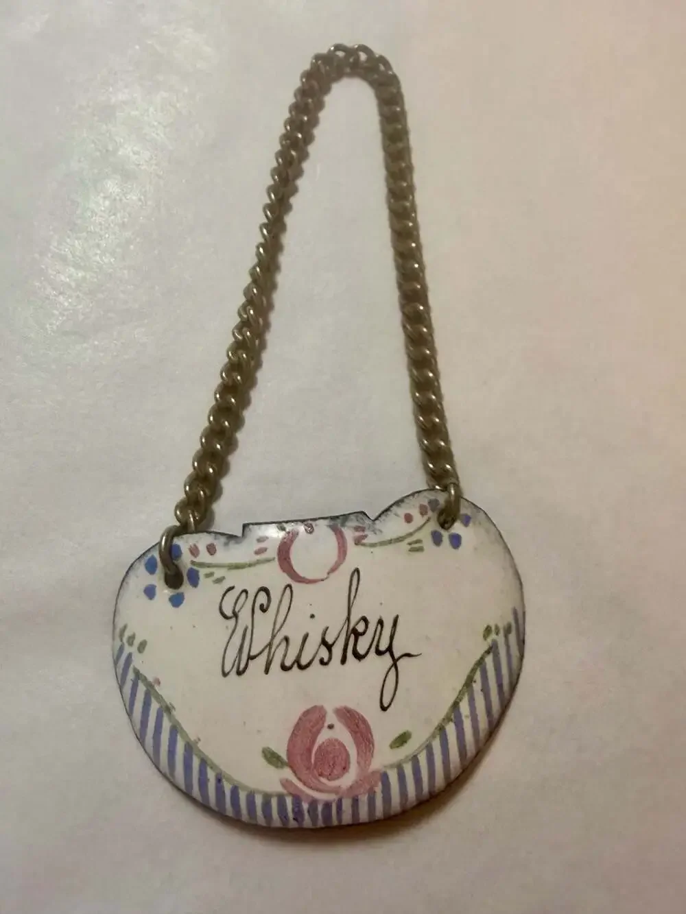 Set of 4 Antique French Hand-Painted Enamel Decanter Labels with Chains